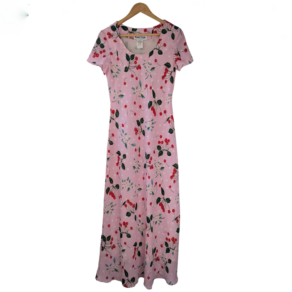 Vintage 90s Cherry Print Pink Maxi Dress - Picture 2 of 11